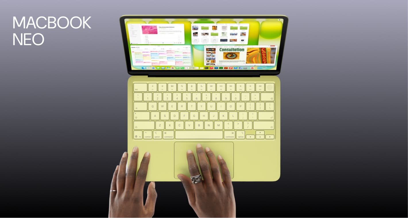 Hands typing on a yellow MacBook Neo with various colorful windows open on the screen, set against a gradient background.