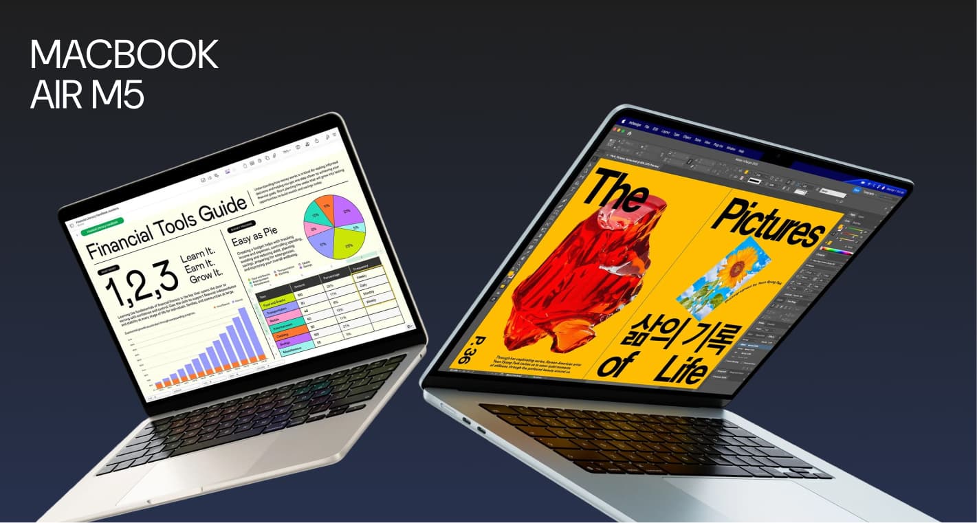 Two MacBook Air M5 laptops displaying colorful screens: one shows a financial tools guide and the other an art design titled "The Pictures of Life."