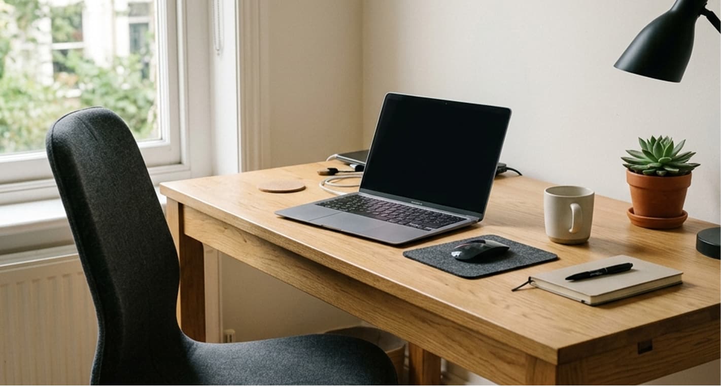 A tidy workspace with a laptop, mouse, notebook, and mug on a wooden desk near a window. A lamp and a small plant add decor.