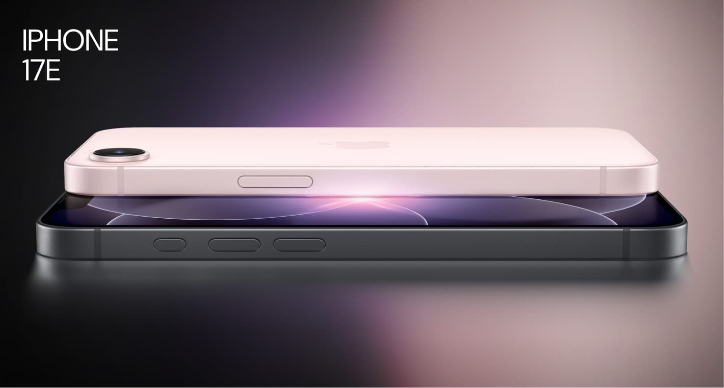 Two iPhone 17E models, one in light pink and one in black, are shown side-by-side on a reflective surface against a dark background.
