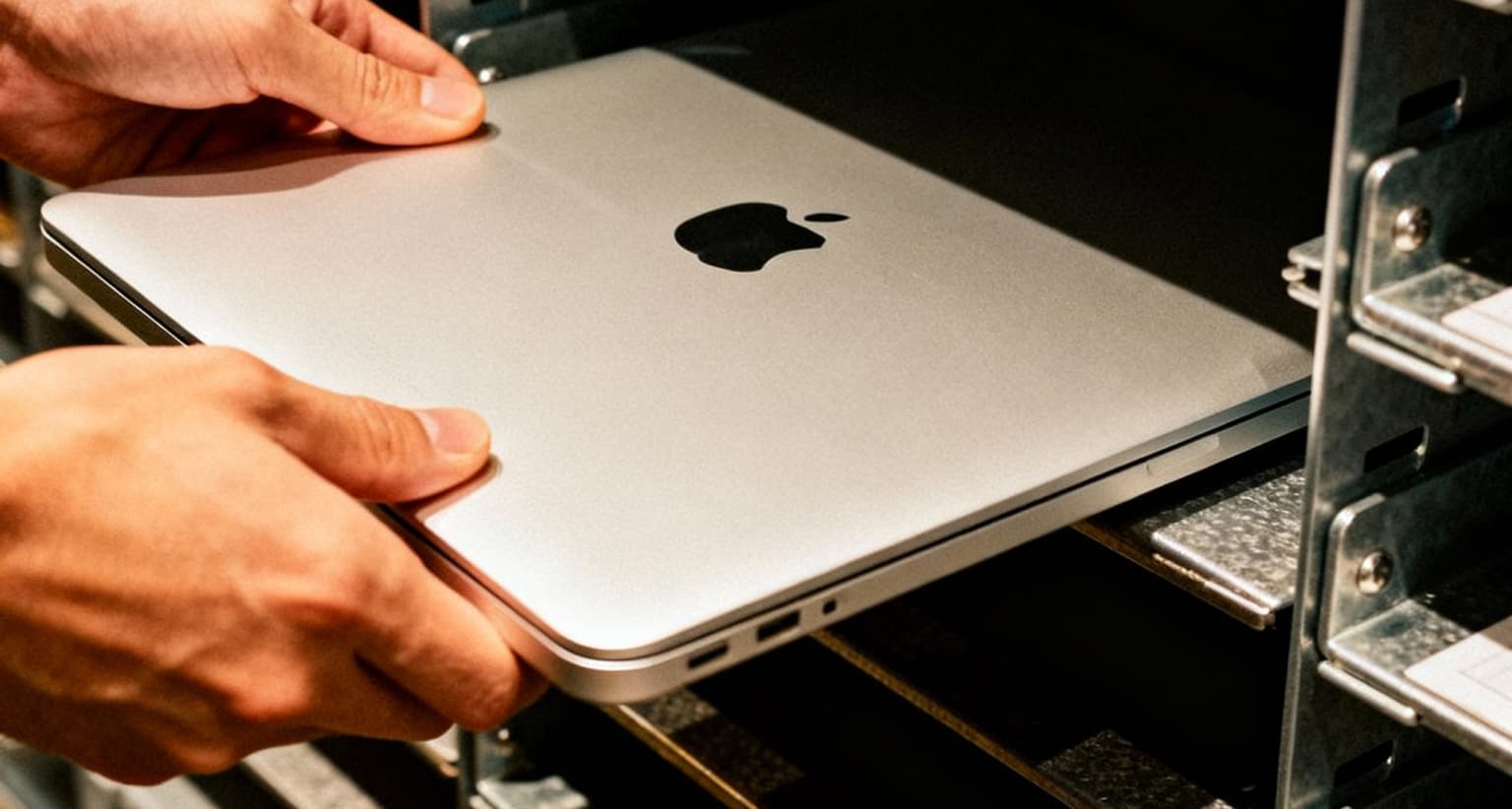 Hands placing a closed MacBook into a metal shelf, showing the Apple logo on the laptop lid.