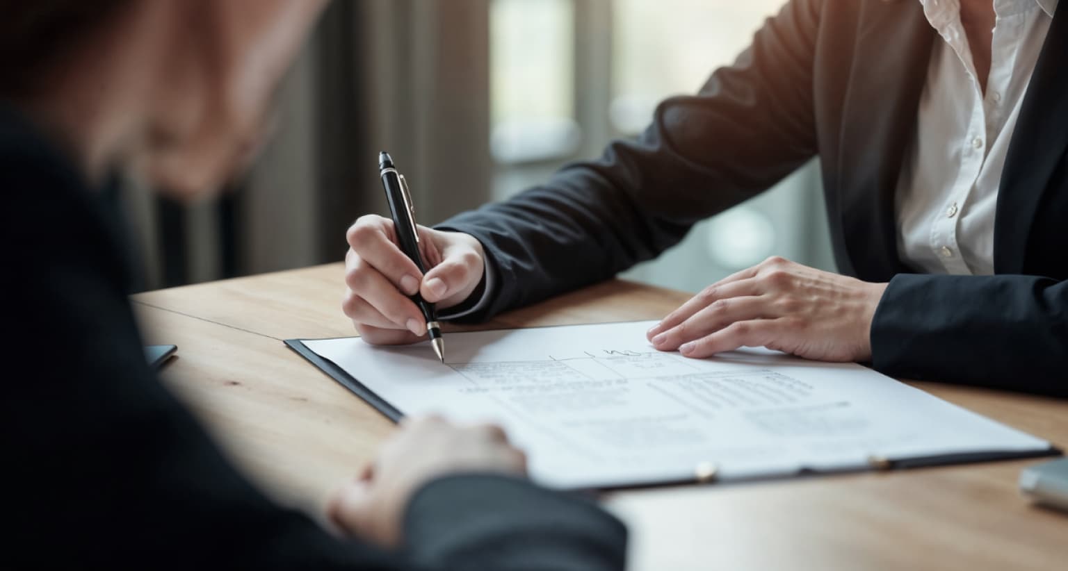 Two people in business attire are at a table, one signing a document with a pen, suggesting a formal meeting or agreement.