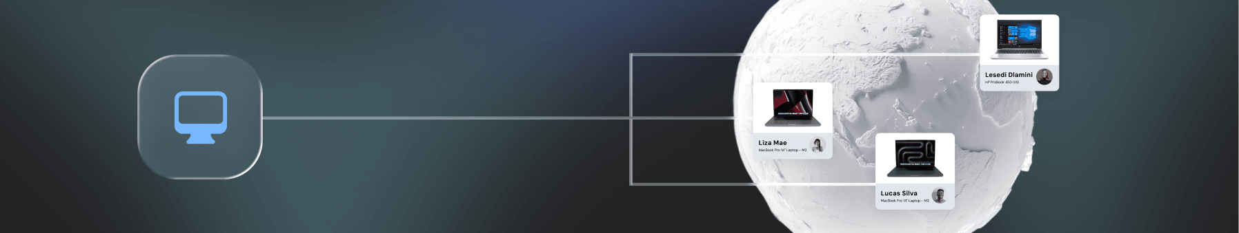 Abstract digital graphic of a monitor icon connected by lines to various laptop images on a globe, representing a global network or technology connection.