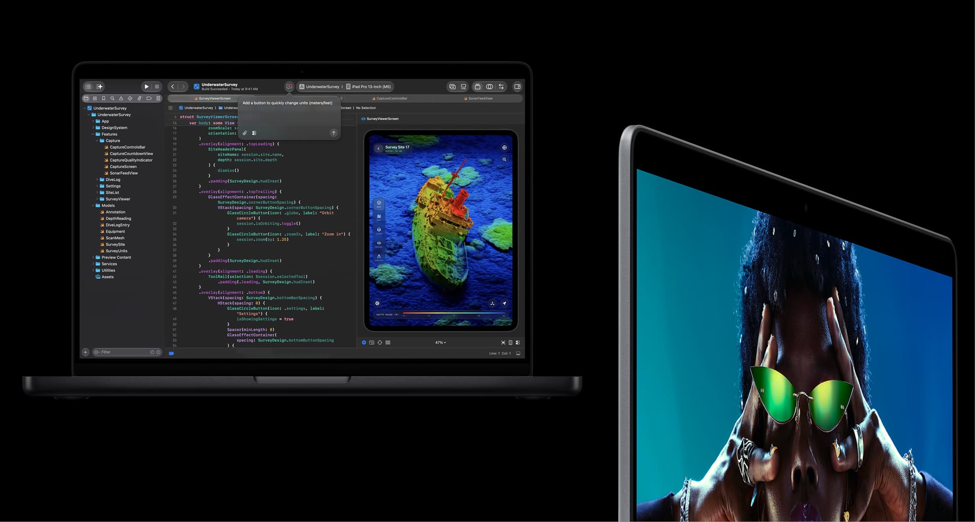 A laptop screen displaying coding software next to another screen showing a person in sunglasses against a blue background.