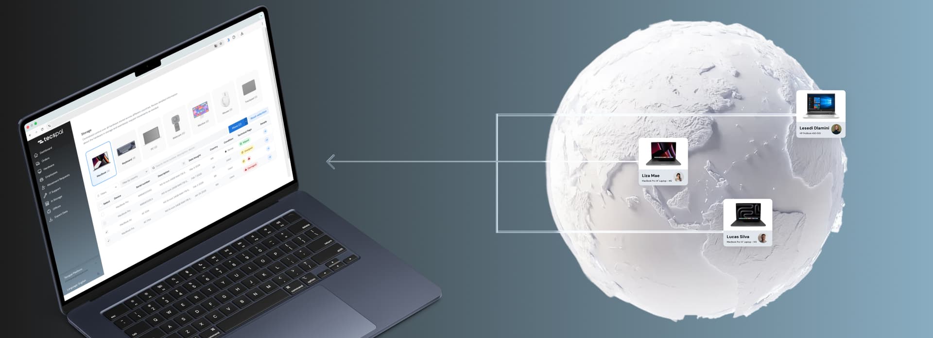 Laptop displaying a software interface connected to a globe with various devices on it, illustrating global connectivity.