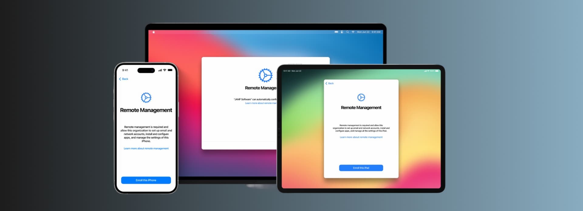 Smartphone, laptop, and tablet screens display "Remote Management" setup screens in a tech-focused image with blended grey to blue gradient background.