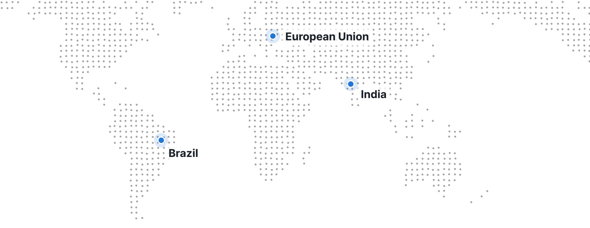 Dotted world map highlighting Brazil, the European Union, and India with blue dots and labels.