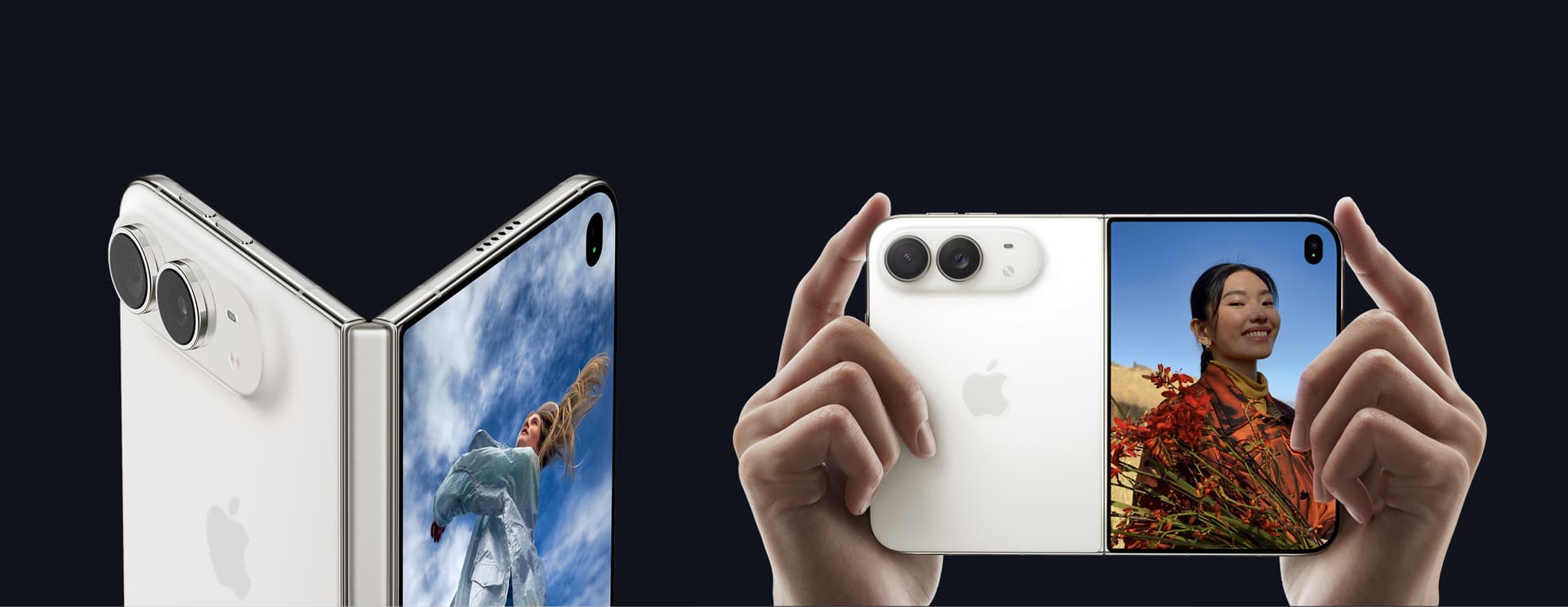 Two smartphones with foldable displays, showing images of a person outdoors. Both devices have dual rear cameras and sleek designs.