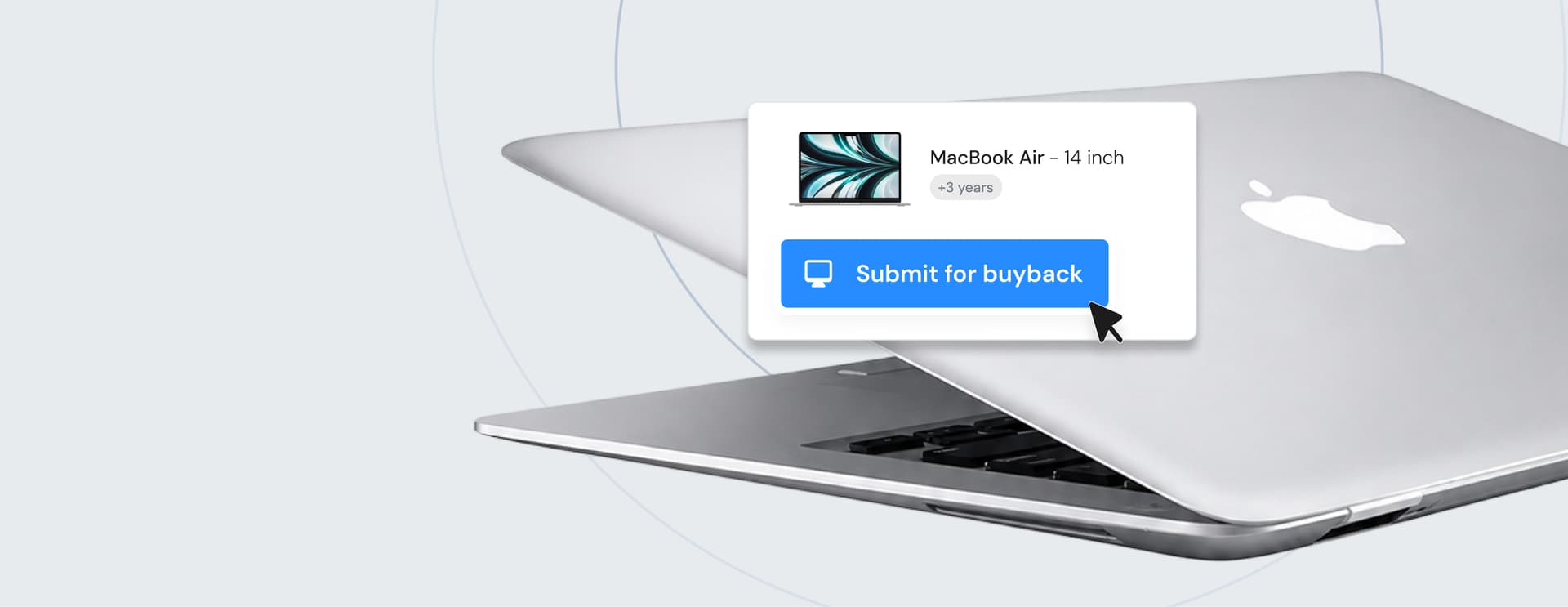 A partially closed silver laptop with a screen popup showing a MacBook Air 14-inch and a "Submit for buyback" button.