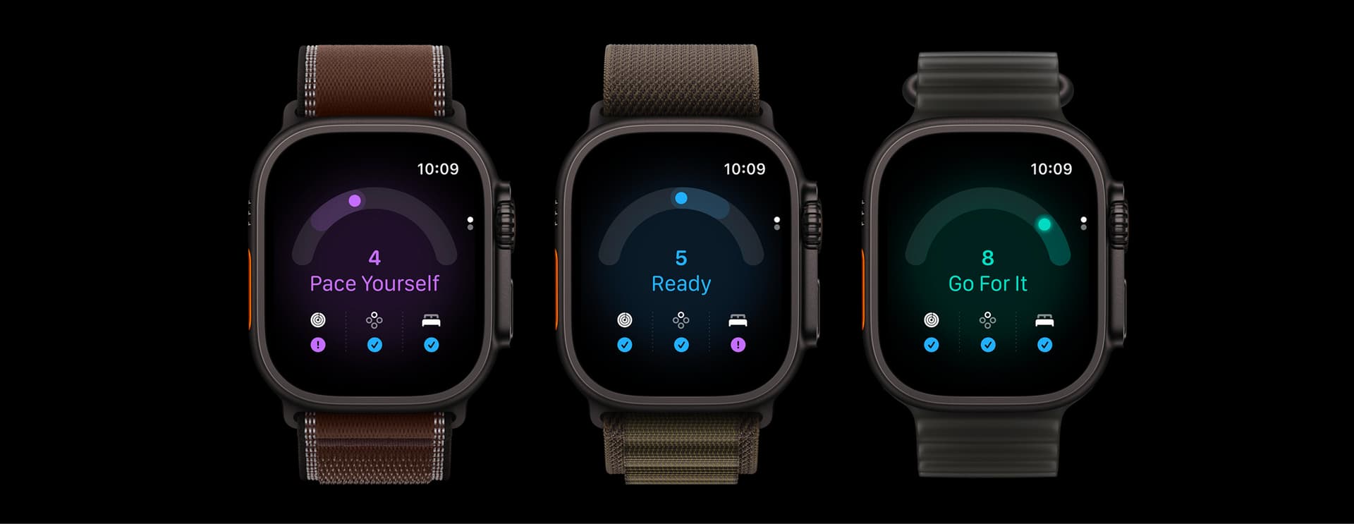 Three smartwatches with brown, dark brown, and black bands display motivational messages: "Pace Yourself," "Ready," and "Go For It" on colorful screens.