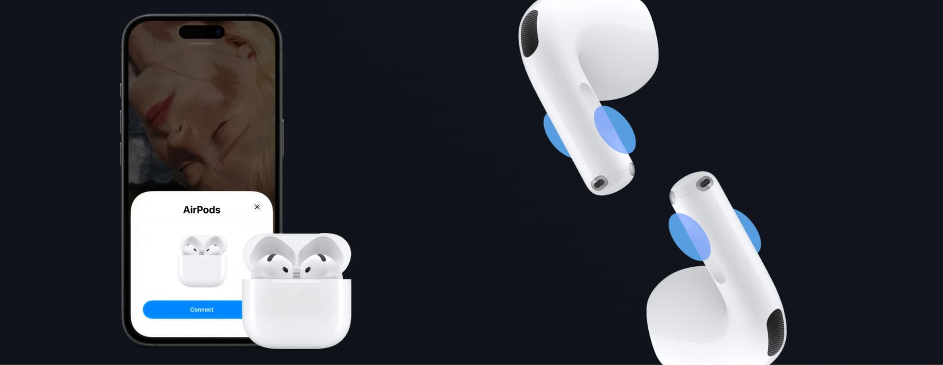 Smartphone displaying AirPods connection screen next to open AirPods case; close-ups of earbuds with blue accents on a black background.