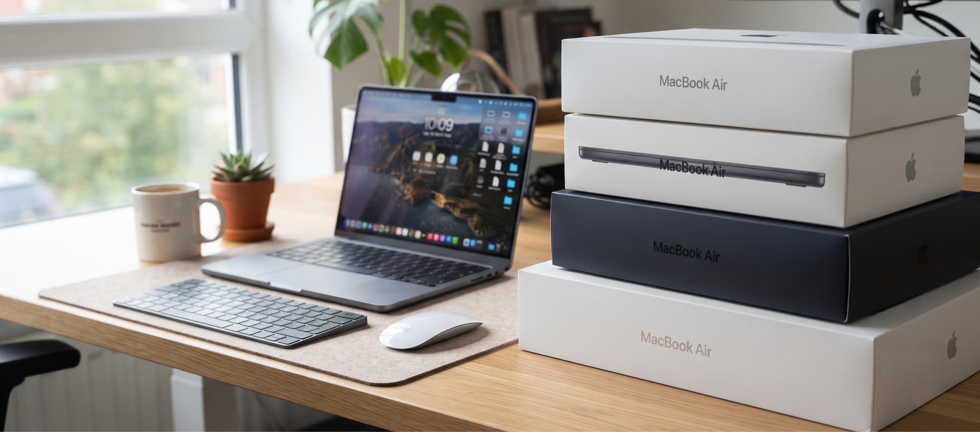 A laptop on a desk with a wireless keyboard and mouse, a stack of MacBook Air boxes, a mug, and a small potted plant near a window.