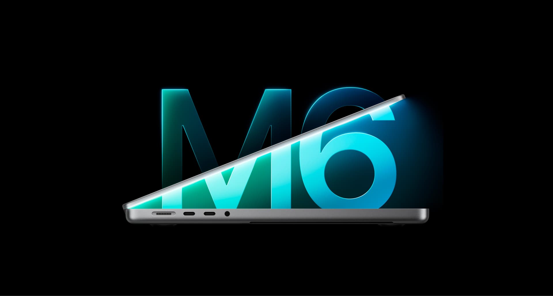 Laptop partially open on black background with large glowing letters "M6" behind it, emphasizing sleek design and technology.