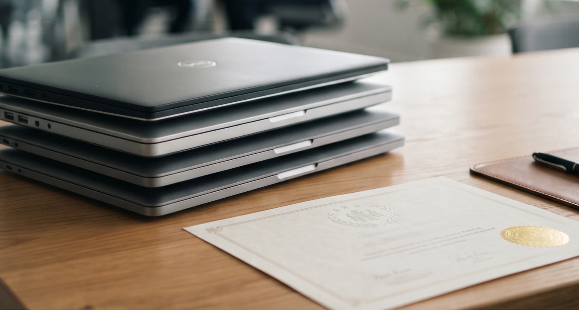 A stack of four closed laptops on a wooden table next to a certificate and a pen.