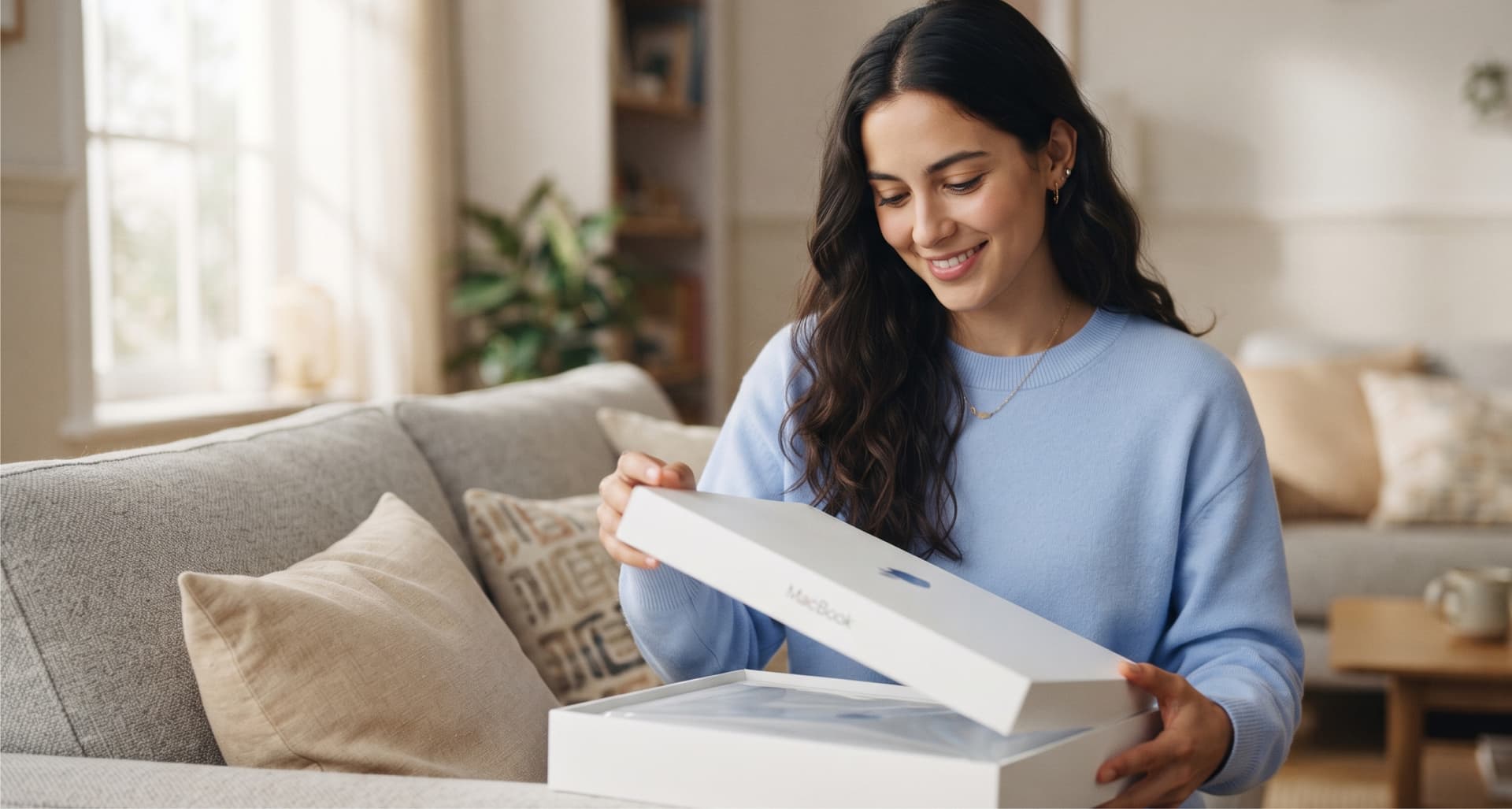 A woman sitting on a sofa, smiling while opening a white box, surrounded by neutral-colored cushions and a cozy living room setting.