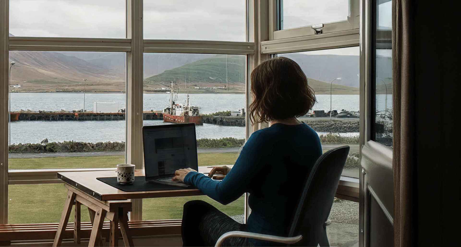 Office environment with remote team collaboration