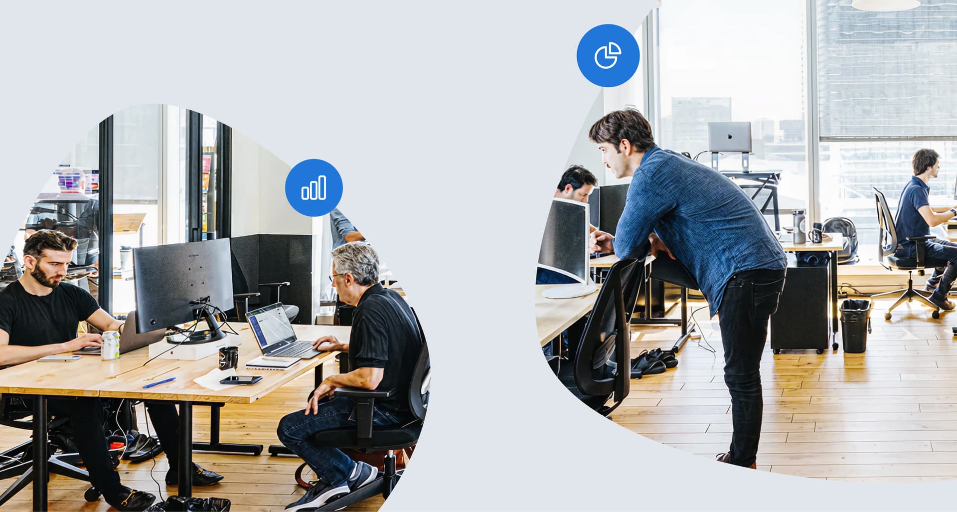 Open office with several people working at desks, including one person standing. Two circular icons are overlayed.