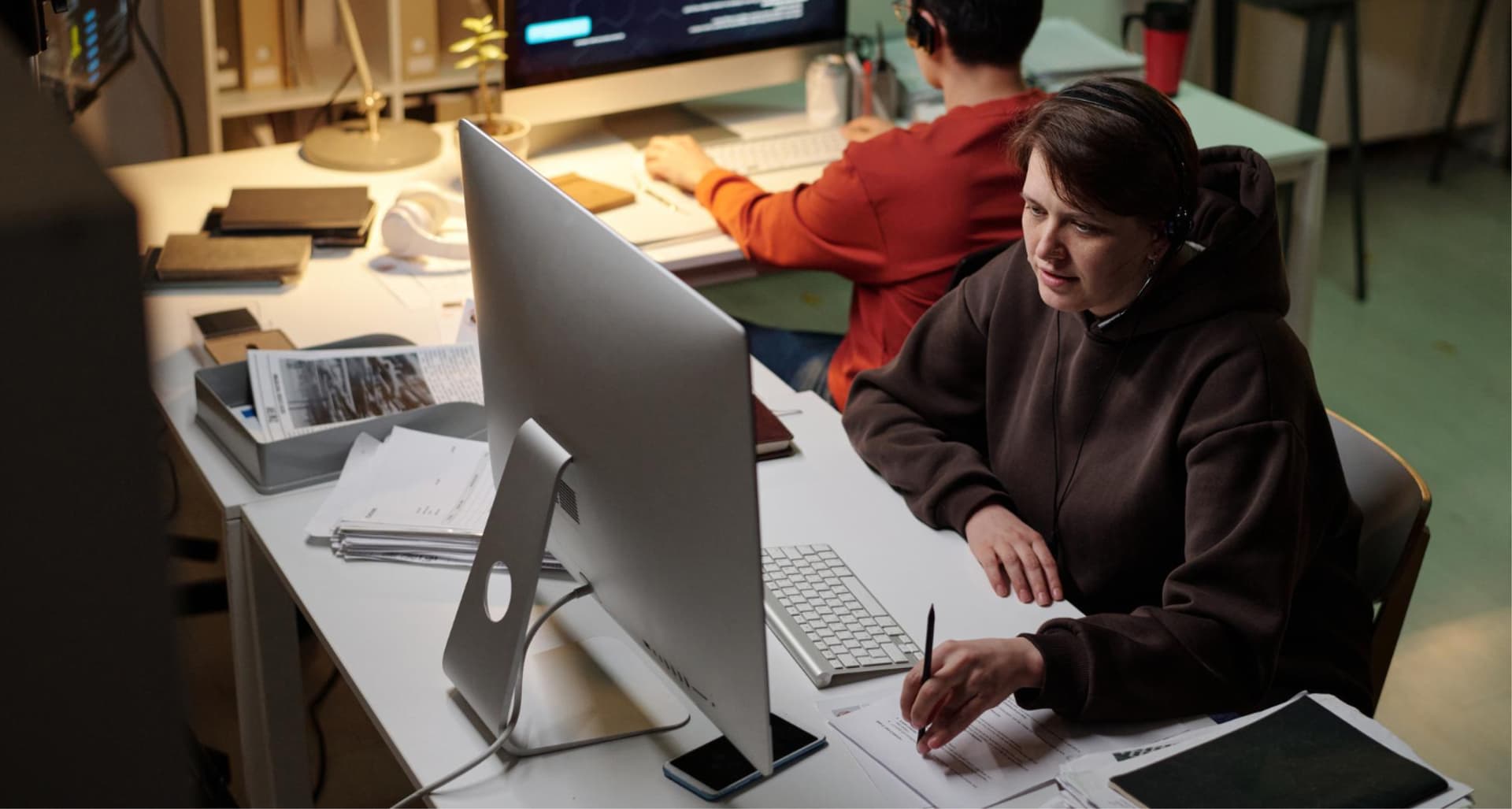 Office environment with remote team collaboration