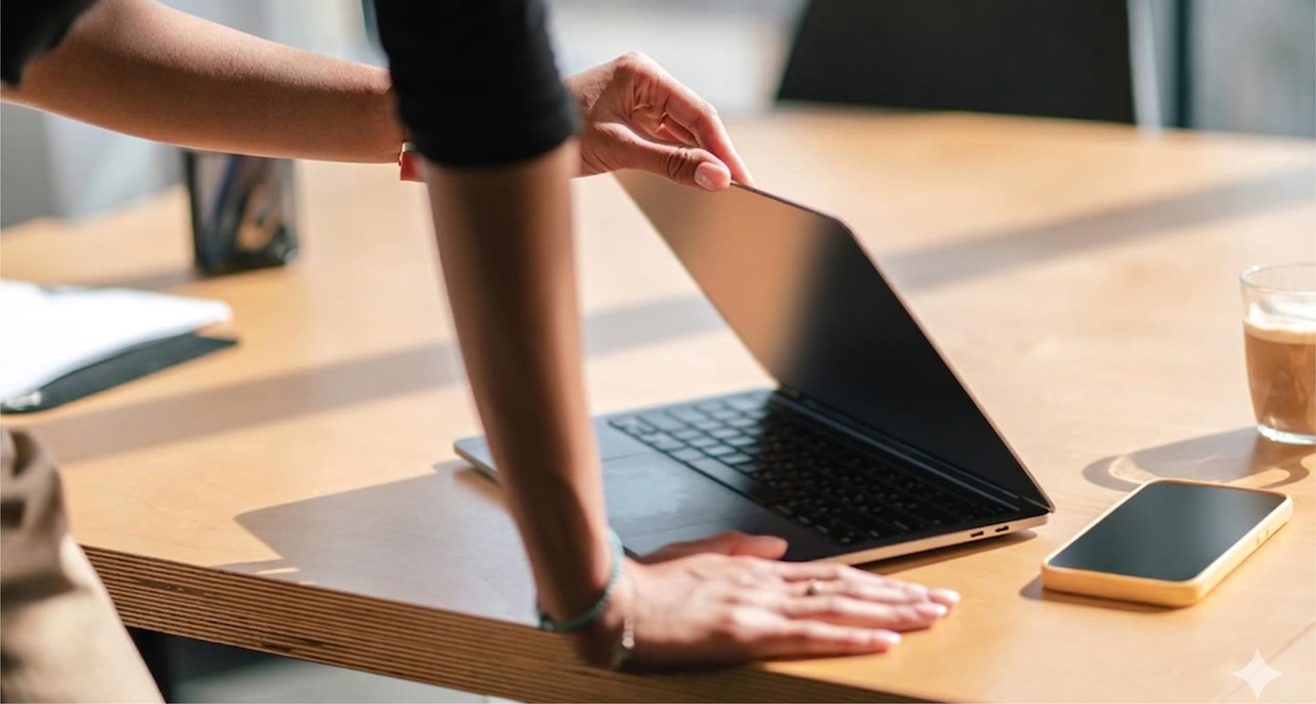 Person closing a laptop on a wooden desk with a smartphone and a glass of beverage beside it, in a sunlit office setting.