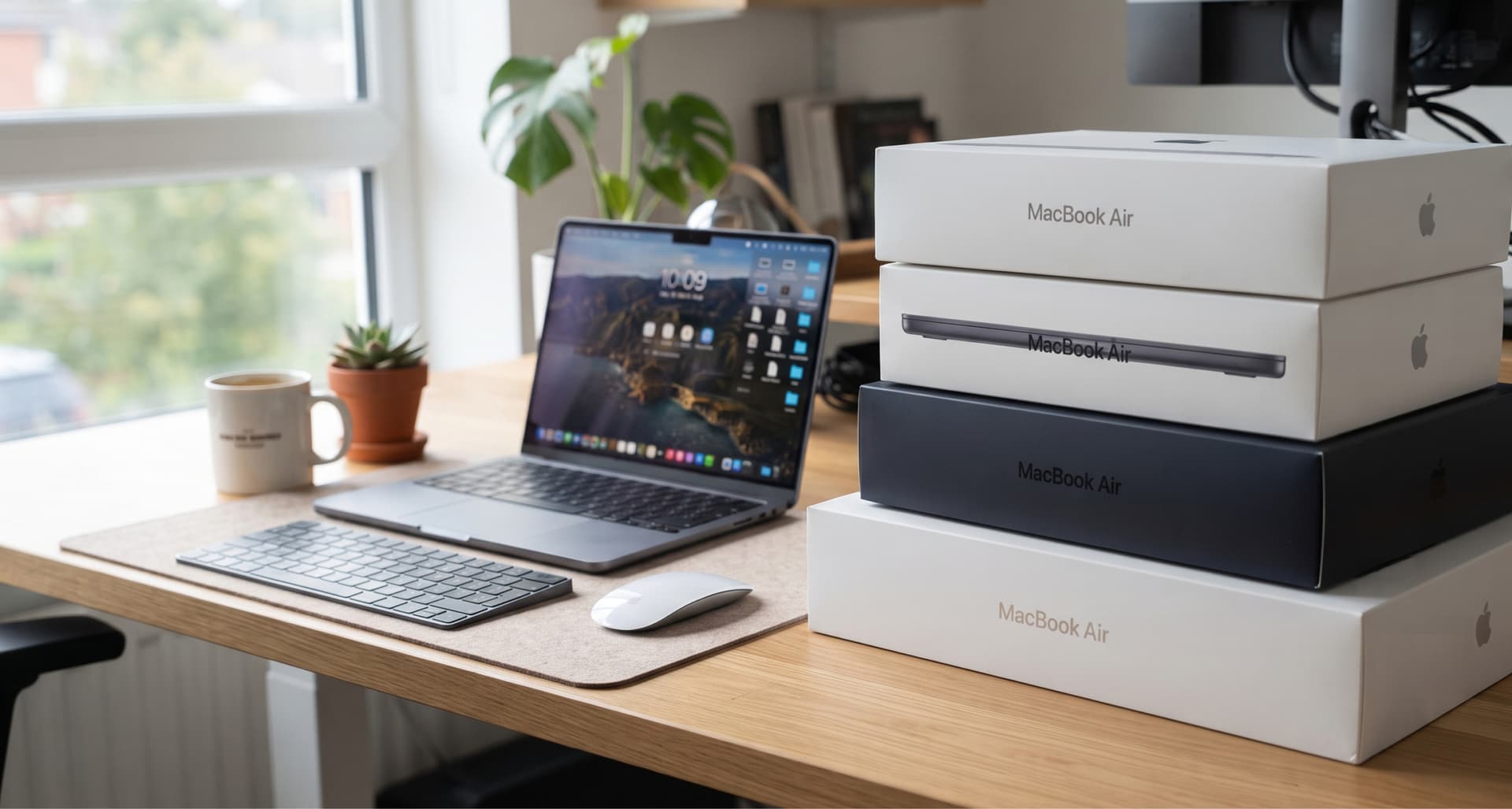 A tidy workspace with a MacBook, wireless keyboard, mouse, stacked MacBook boxes, a plant, and a coffee mug near a window.