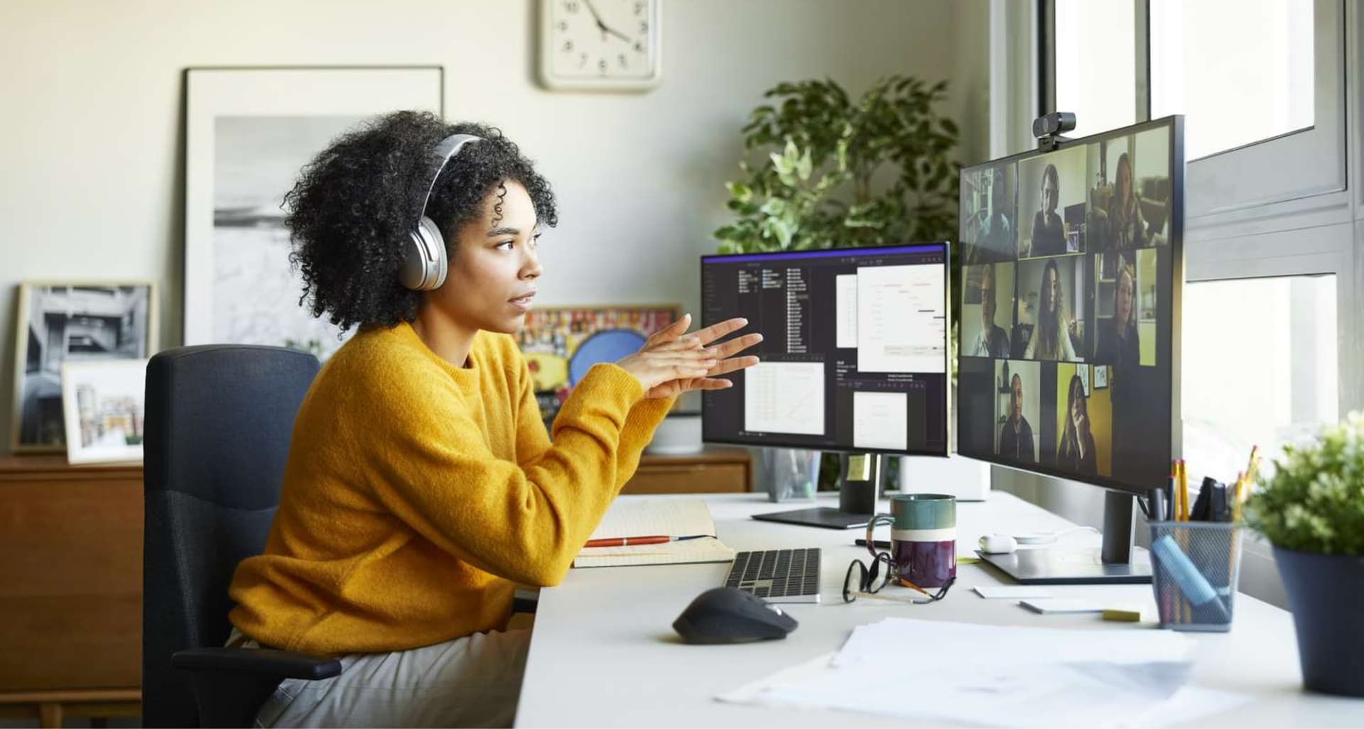 Office environment with remote team collaboration