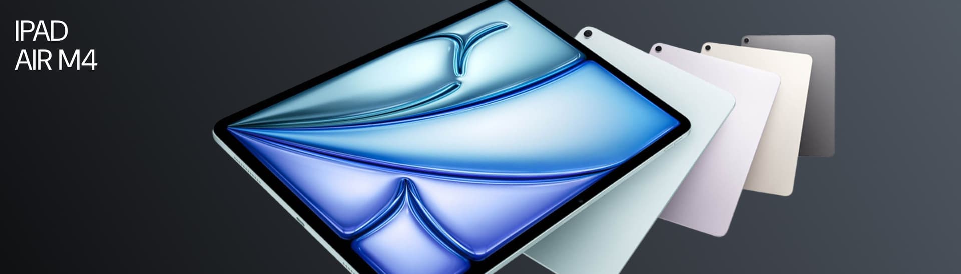 iPad Air M4 displayed with five color options on a gradient background, showcasing its sleek design and screen.