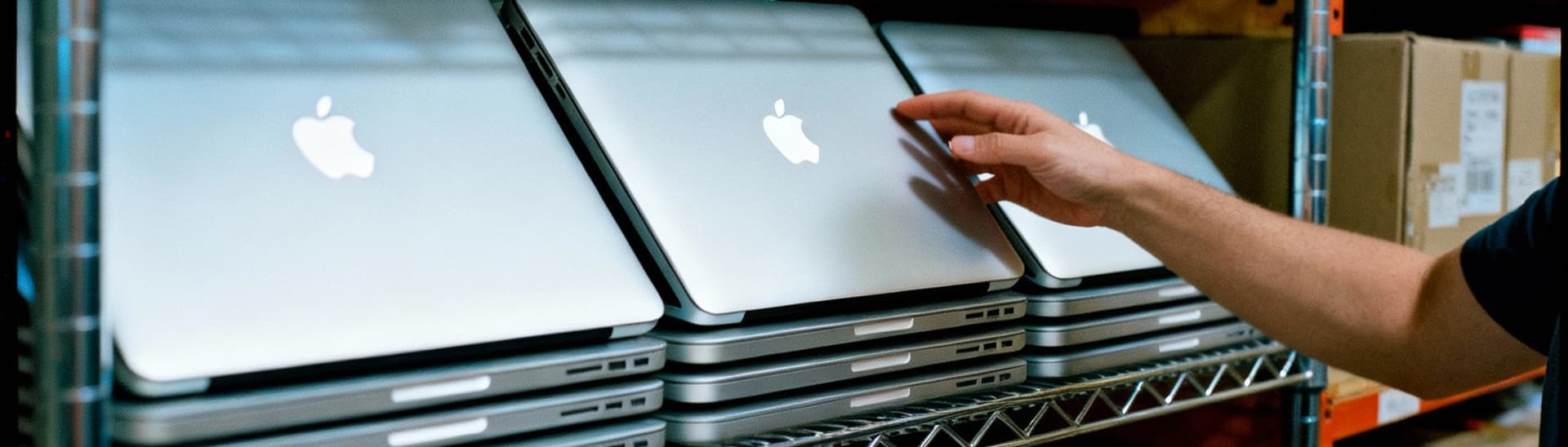 A person reaching towards stacked rows of closed Apple laptops on a metal shelf, with visible Apple logos on the laptop covers.