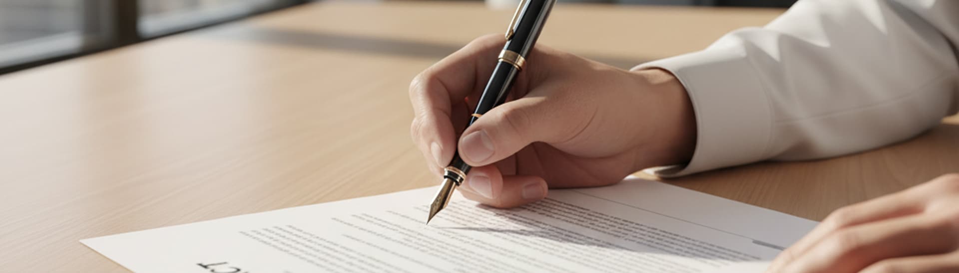 A person in a white shirt signing a document on a wooden table with a black pen.