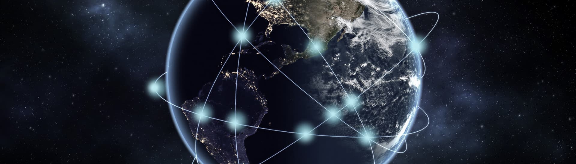 Earth viewed from space with glowing network nodes connecting across continents, illustrating global communication.