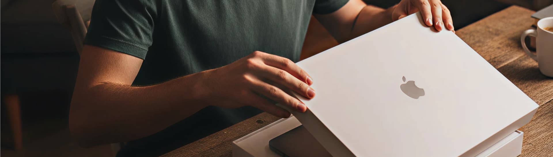 Person opening a white Apple laptop box on a wooden table, with a coffee cup in the background.