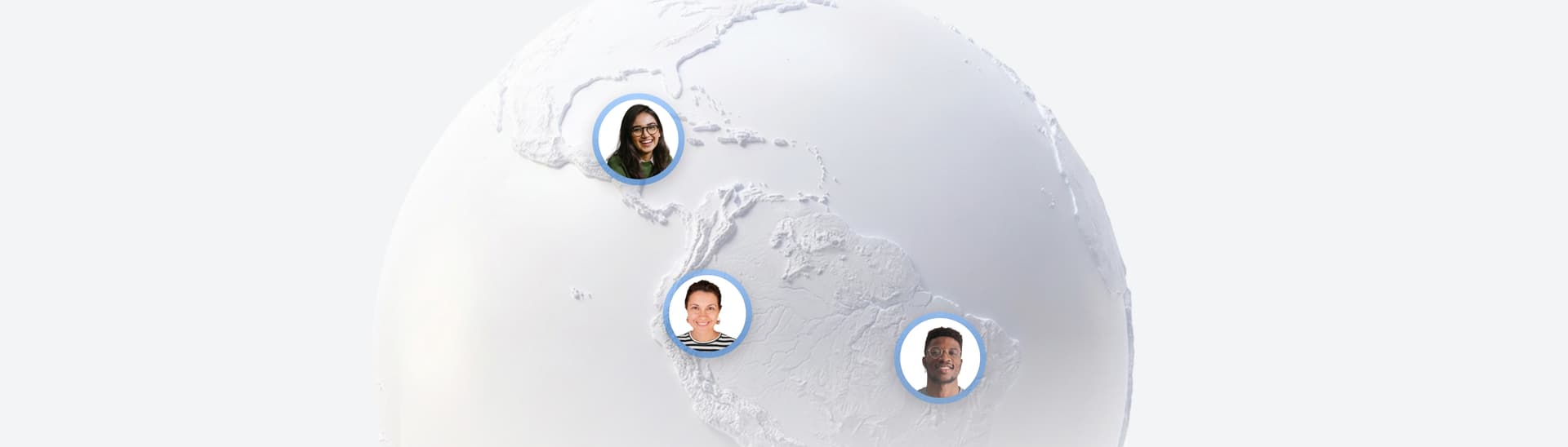 A 3D globe with three portrait photos placed across different locations, suggesting global connectivity.