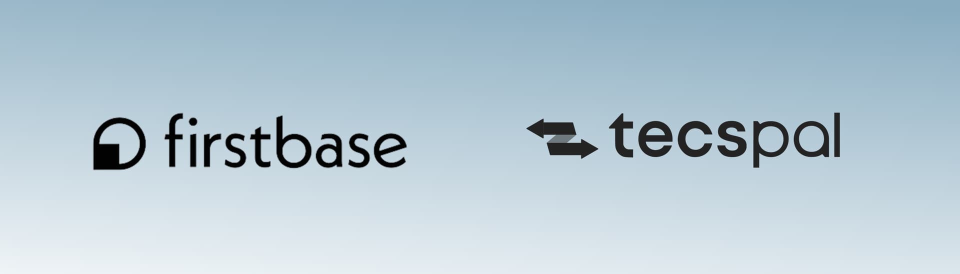 Logos of "firstbase" with a circular design on the left and "tecspal" with arrow motifs on the right, on a gradient blue background.