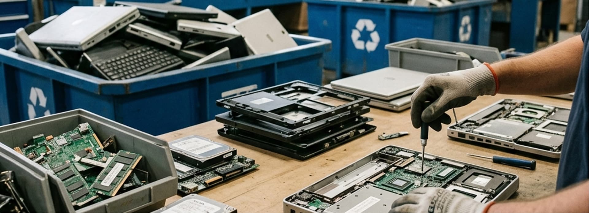 A person wearing gloves disassembles electronic devices on a workbench, surrounded by bins of laptops and computer parts for recycling.