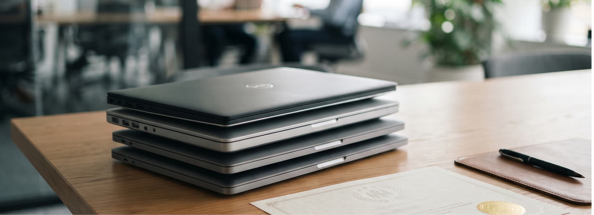 A stack of closed laptops on a wooden table, with a pen and paper nearby, in a modern office setting with blurred background.